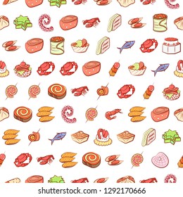 Seafood and Snacks set. Background for printing, design, web. Usable as icons. Seamless. Colored.