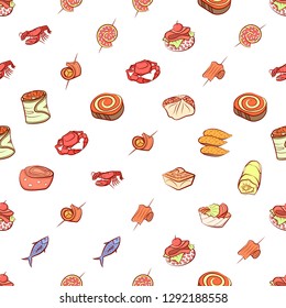 Seafood and Snacks set. Background for printing, design, web. Usable as icons. Seamless. Colored.