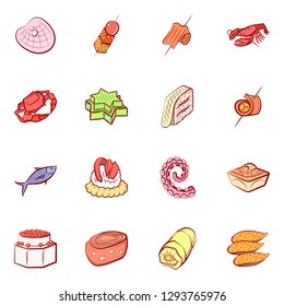 Seafood and Snacks set. Background for printing, design, web. Usable as icons. Colored.