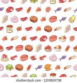 Seafood and Snacks set. Background for printing, design, web. Usable as icons. Seamless. Colored.