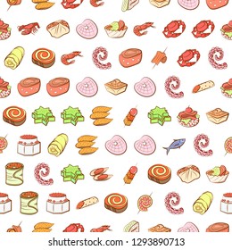 Seafood and Snacks set. Background for printing, design, web. Usable as icons. Seamless. Colored.