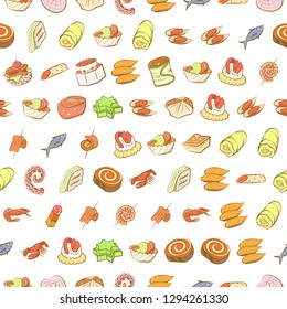 Seafood and Snacks set. Background for printing, design, web. Usable as icons. Seamless. Colored.