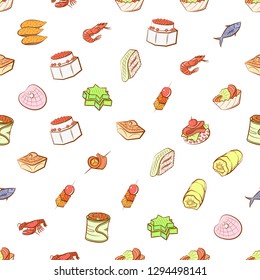 Seafood and Snacks set. Background for printing, design, web. Usable as icons. Seamless. Colored.