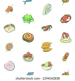 Seafood and Snacks set. Background for printing, design, web. Usable as icons. Seamless. Colored.