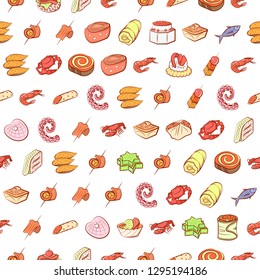 Seafood and Snacks set. Background for printing, design, web. Usable as icons. Seamless. Colored.