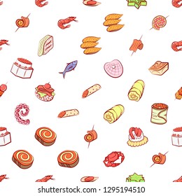 Seafood and Snacks set. Background for printing, design, web. Usable as icons. Seamless. Colored.