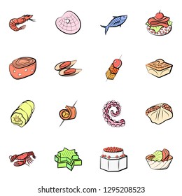 Seafood and Snacks set. Background for printing, design, web. Usable as icons. Colored.
