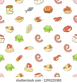 Seafood and Snacks set. Background for printing, design, web. Usable as icons. Seamless. Colored.