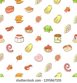 Seafood and Snacks set. Background for printing, design, web. Usable as icons. Seamless. Colored.