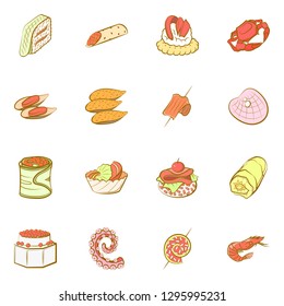 Seafood and Snacks set. Background for printing, design, web. Usable as icons. Colored.
