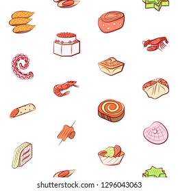 Seafood and Snacks set. Background for printing, design, web. Usable as icons. Seamless. Colored.