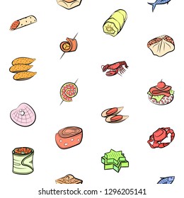 Seafood and Snacks set. Background for printing, design, web. Usable as icons. Seamless. Colored.
