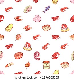 Seafood and Snacks set. Background for printing, design, web. Usable as icons. Seamless. Colored.