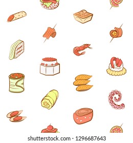 Seafood and Snacks set. Background for printing, design, web. Usable as icons. Seamless. Colored.