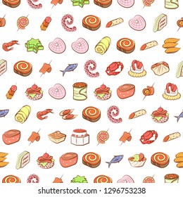 Seafood and Snacks set. Background for printing, design, web. Usable as icons. Seamless. Colored.