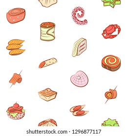 Seafood and Snacks set. Background for printing, design, web. Usable as icons. Seamless. Colored.