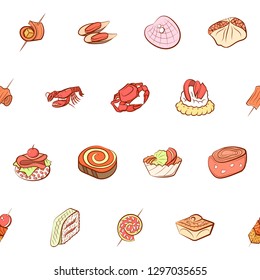 Seafood and Snacks set. Background for printing, design, web. Usable as icons. Seamless. Colored.