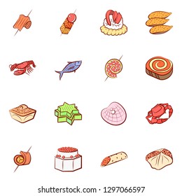 Seafood and Snacks set. Background for printing, design, web. Usable as icons. Colored.
