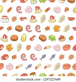 Seafood and Snacks set. Background for printing, design, web. Usable as icons. Seamless. Colored.