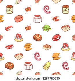 Seafood and Snacks set. Background for printing, design, web. Usable as icons. Seamless. Colored.