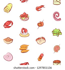 Seafood and Snacks set. Background for printing, design, web. Usable as icons. Seamless. Colored.