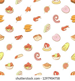 Seafood and Snacks set. Background for printing, design, web. Usable as icons. Seamless. Colored.