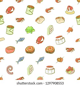 Seafood and Snacks set. Background for printing, design, web. Usable as icons. Seamless. Colored.