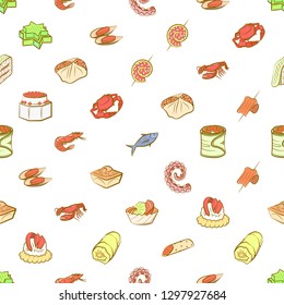 Seafood and Snacks set. Background for printing, design, web. Usable as icons. Seamless. Colored.