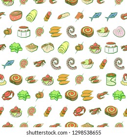 Seafood and Snacks set. Background for printing, design, web. Usable as icons. Seamless. Colored.