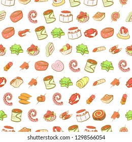 Seafood and Snacks set. Background for printing, design, web. Usable as icons. Seamless. Colored.