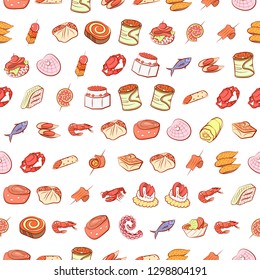 Seafood and Snacks set. Background for printing, design, web. Usable as icons. Seamless. Colored.