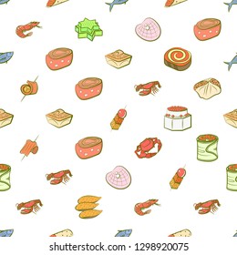 Seafood and Snacks set. Background for printing, design, web. Usable as icons. Seamless. Colored.
