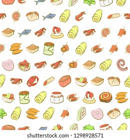 Seafood and Snacks set. Background for printing, design, web. Usable as icons. Seamless. Colored.