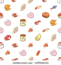 Seafood and Snacks set. Background for printing, design, web. Usable as icons. Seamless. Colored.