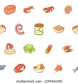 Seafood and Snacks set. Background for printing, design, web. Usable as icons. Seamless. Colored.