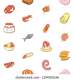 Seafood and Snacks set. Background for printing, design, web. Usable as icons. Seamless. Colored.