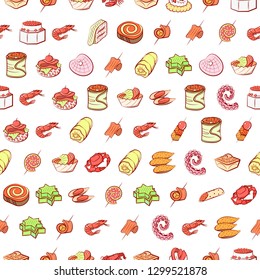 Seafood and Snacks set. Background for printing, design, web. Usable as icons. Seamless. Colored.