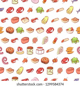 Seafood and Snacks set. Background for printing, design, web. Usable as icons. Seamless. Colored.