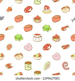 Seafood and Snacks set. Background for printing, design, web. Usable as icons. Seamless. Colored.
