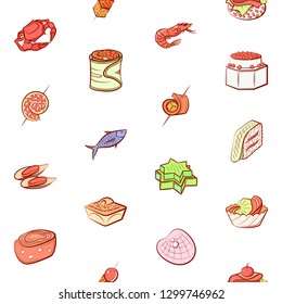 Seafood and Snacks set. Background for printing, design, web. Usable as icons. Seamless. Colored.