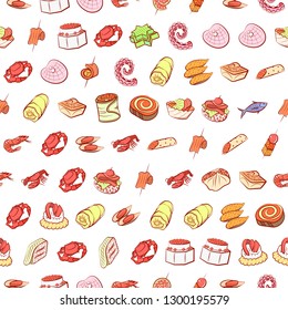 Seafood and Snacks set. Background for printing, design, web. Usable as icons. Seamless. Colored.