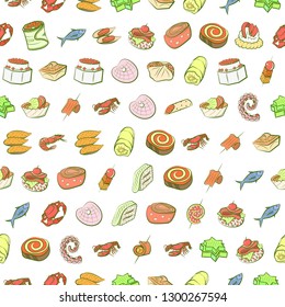 Seafood and Snacks set. Background for printing, design, web. Usable as icons. Seamless. Colored.