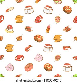 Seafood and Snacks set. Background for printing, design, web. Usable as icons. Seamless. Colored.