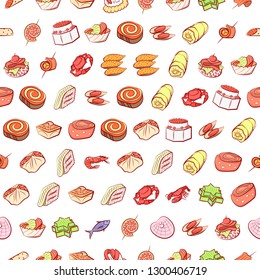 Seafood and Snacks set. Background for printing, design, web. Usable as icons. Seamless. Colored.