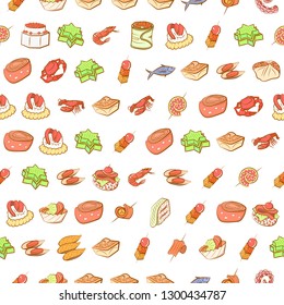 Seafood and Snacks set. Background for printing, design, web. Usable as icons. Seamless. Colored.