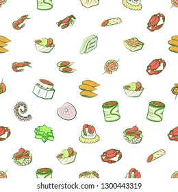 Seafood and Snacks set. Background for printing, design, web. Usable as icons. Seamless. Colored.