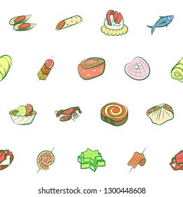 Seafood and Snacks set. Background for printing, design, web. Usable as icons. Seamless. Colored.