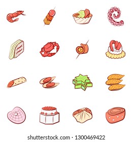 Seafood and Snacks set. Background for printing, design, web. Usable as icons. Colored.