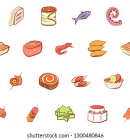 Seafood and Snacks set. Background for printing, design, web. Usable as icons. Seamless. Colored.