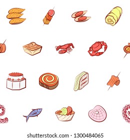 Seafood and Snacks set. Background for printing, design, web. Usable as icons. Seamless. Colored.